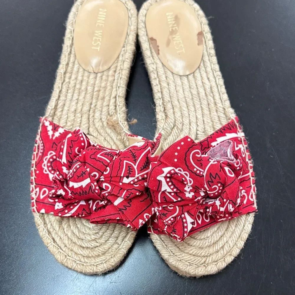 Nine West Red Bandana Bow Espadrille Slides